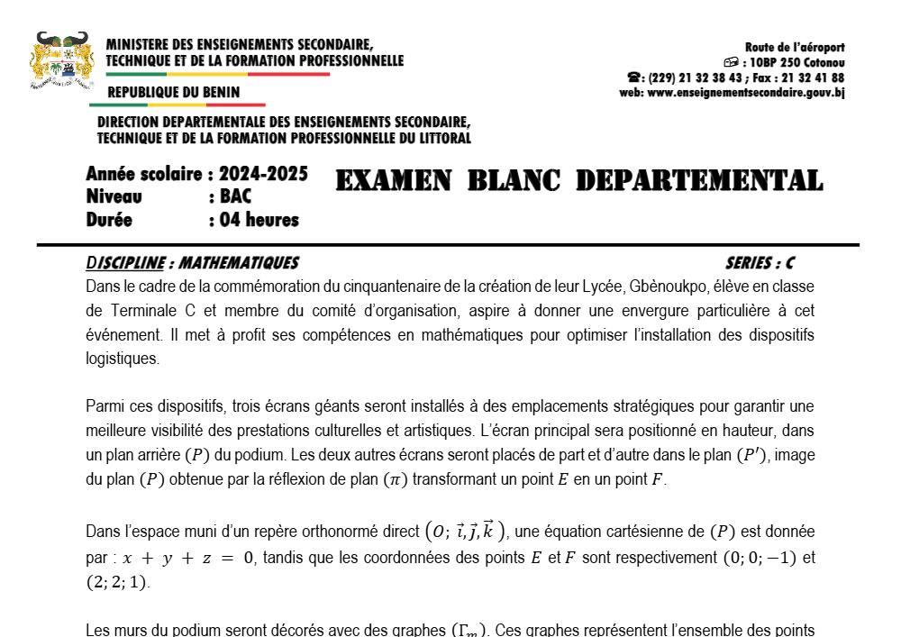 Aperçu de la première page — BAC BLANC LITTORAL Mathématiques Série C 2025