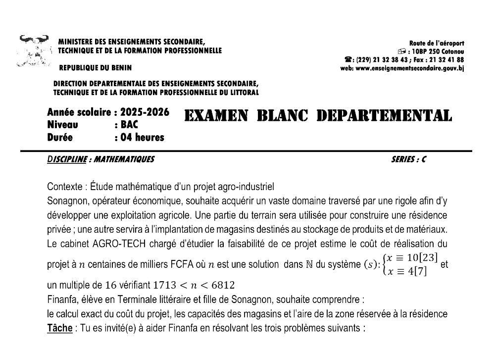 Aperçu de la première page — BAC BLANC LITTORAL Mathématiques Série C 2026