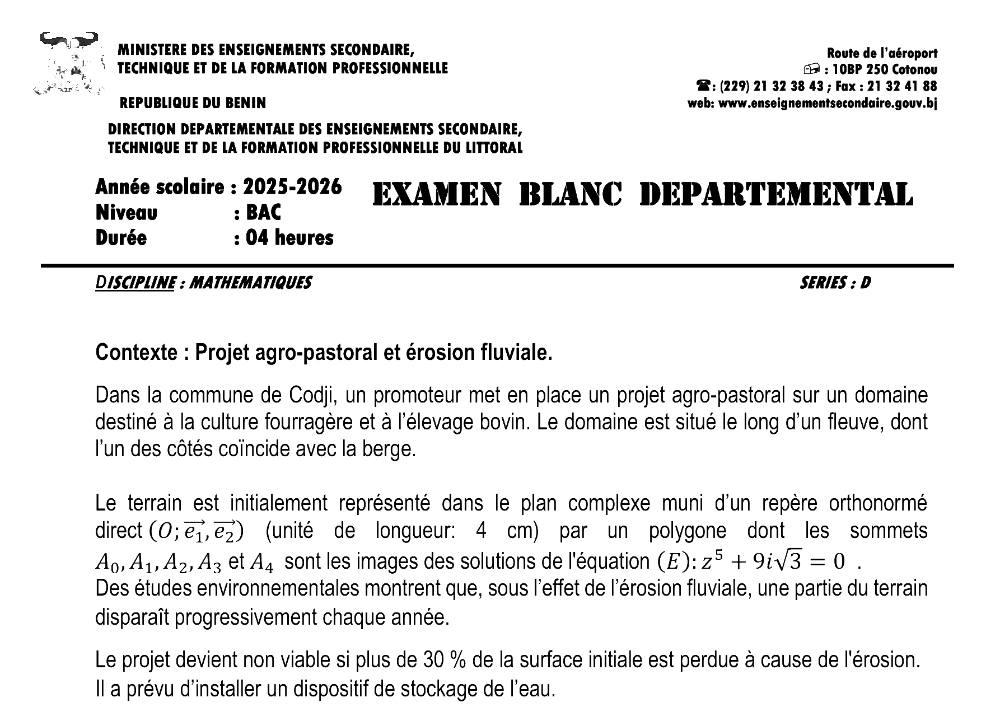 Aperçu de la première page — BAC BLANC LITTORAL Mathématiques Série D 2026