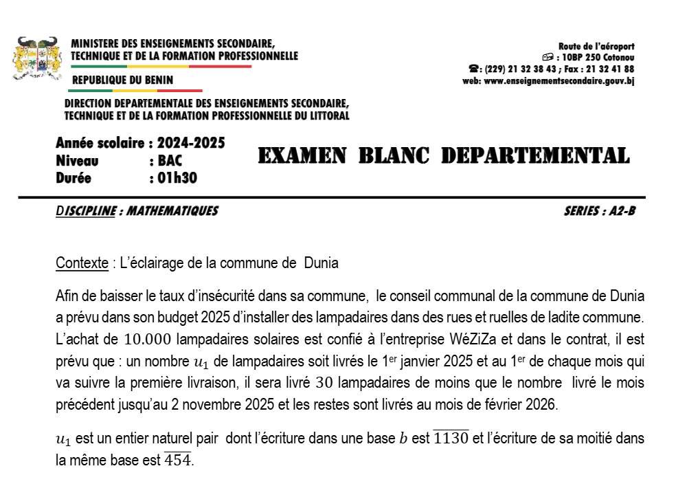 Aperçu de la première page — BAC BLANC LITTORAL Mathématiques Séries A2 B 2025