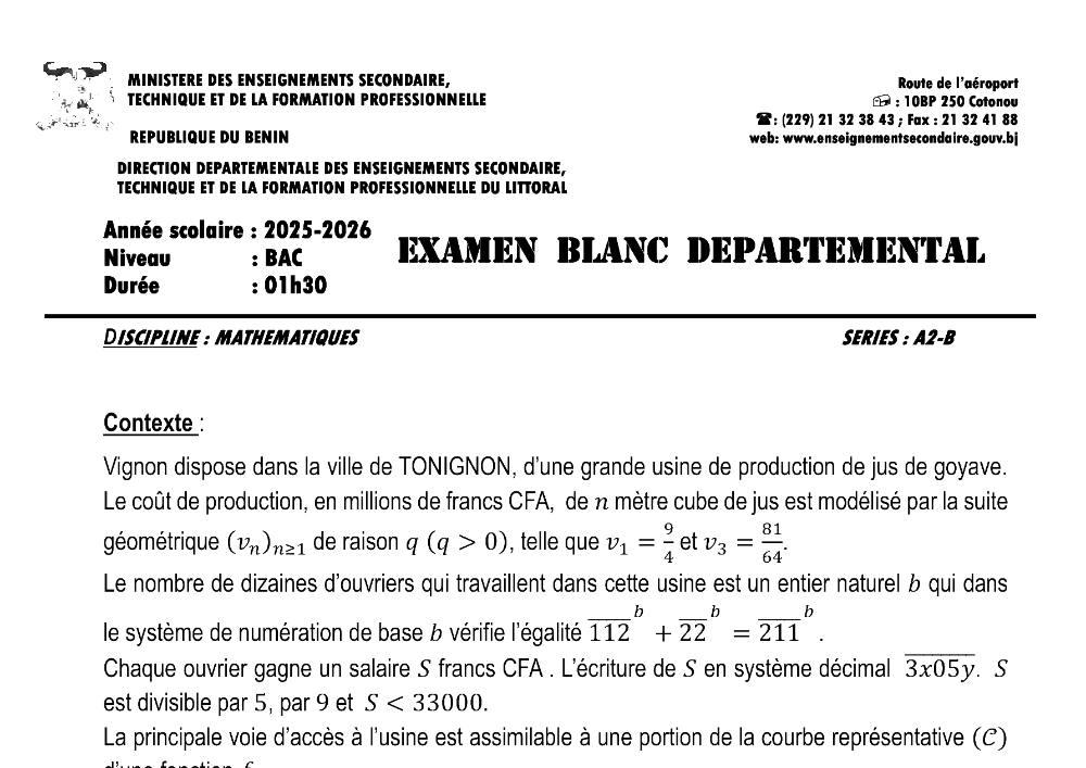 Aperçu de la première page — BAC BLANC LITTORAL Mathématiques Séries A2 B 2026