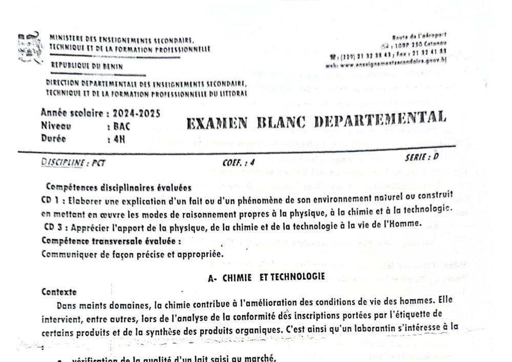 Aperçu de la première page — BAC BLANC LITTORAL Physique Chimie Technologie Série D 2025 (2)
