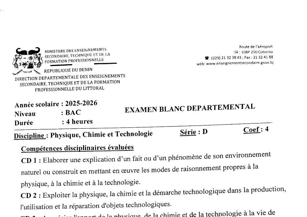 Aperçu de la première page — BAC BLANC LITTORAL Physique Chimie Technologie Série D 2026