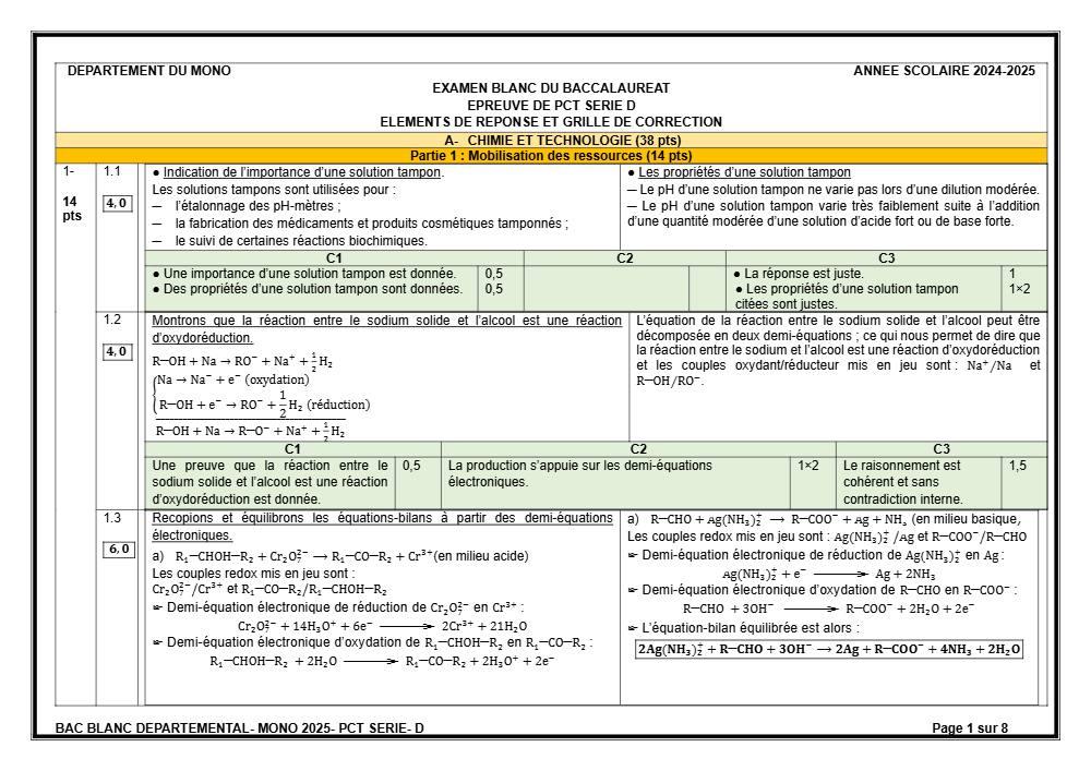 Aperçu de la première page — BAC BLANC MONO Physique Chimie Technologie Série D 2025