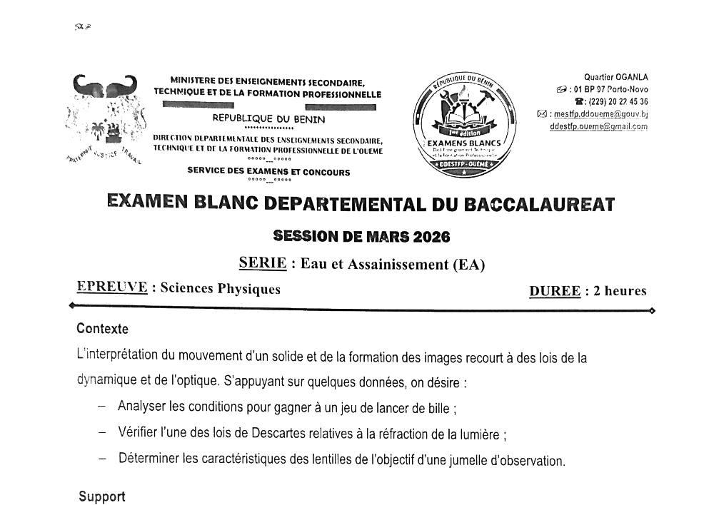 Aperçu de la première page — BAC BLANC OUÉMÉ Sciences Physiques Série EA 2026