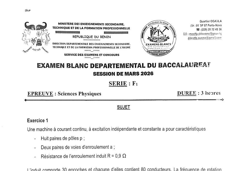 Aperçu de la première page — BAC BLANC OUÉMÉ Sciences Physiques Série F1 2026