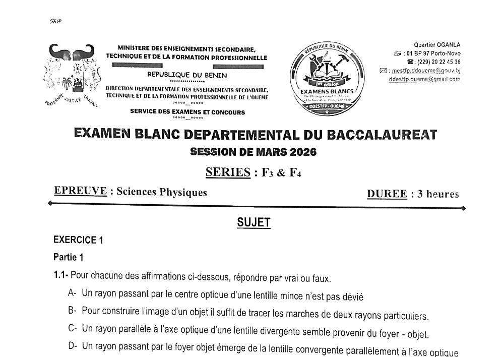 Aperçu de la première page — BAC BLANC OUÉMÉ Sciences Physiques Série F3 2026