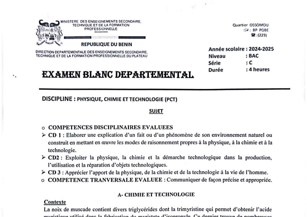 Aperçu de la première page — BAC BLANC PLATEAU Physique Chimie Technologie Série C 2025