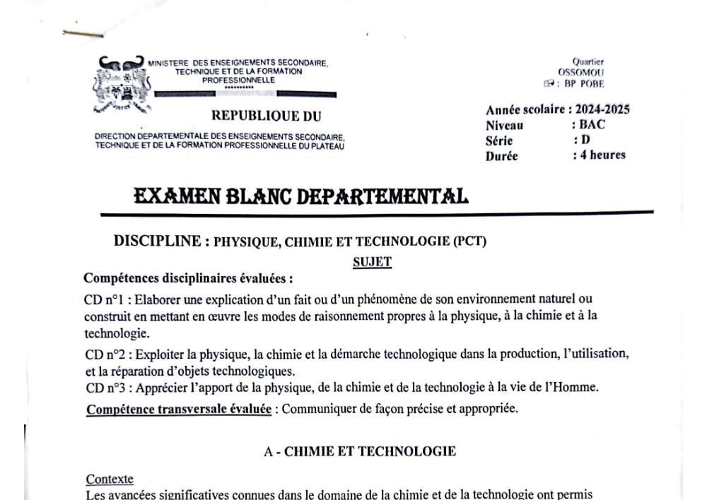 Aperçu de la première page — BAC BLANC PLATEAU Physique Chimie Technologie Série D 2025 (2)
