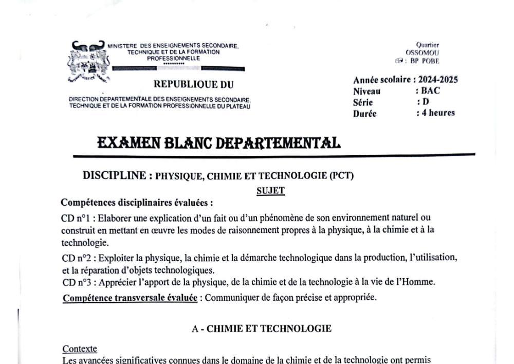 Aperçu de la première page — BAC BLANC PLATEAU Physique Chimie Technologie Série D 2025