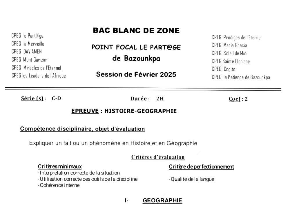 Aperçu de la première page — BAC BLANC ZONE DE BAZOUNKPA Histoire Géographie Séries C D Février 2025