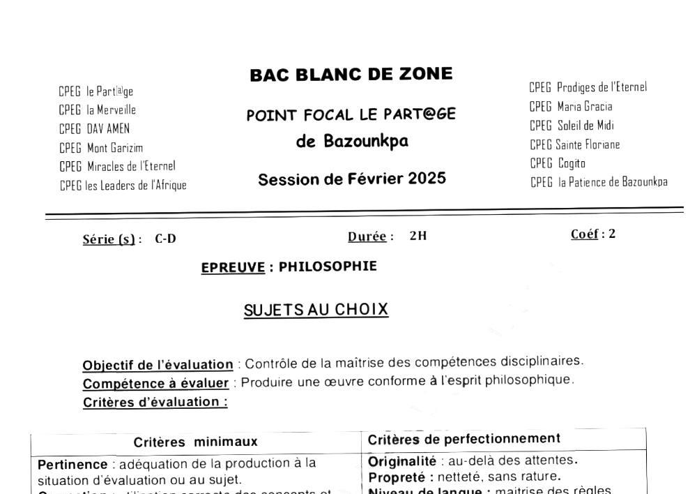 Aperçu de la première page — BAC BLANC ZONE DE BAZOUNKPA Philosophie Séries C D Février 2025