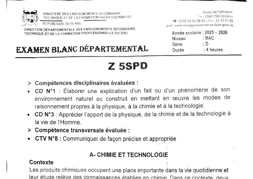 Aperçu de la première page — BAC BLANC ZOU Physique Chimie Technologie Série D 2026