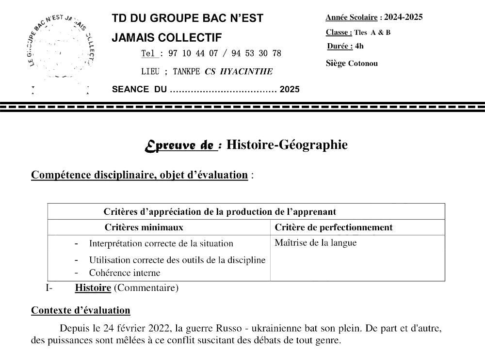 Aperçu de la première page — Histoire Géographie Séries A B Travaux Dirigés 2025