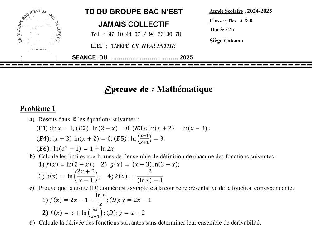 Aperçu de la première page — Mathématiques Séries A B Travaux Dirigés 2025