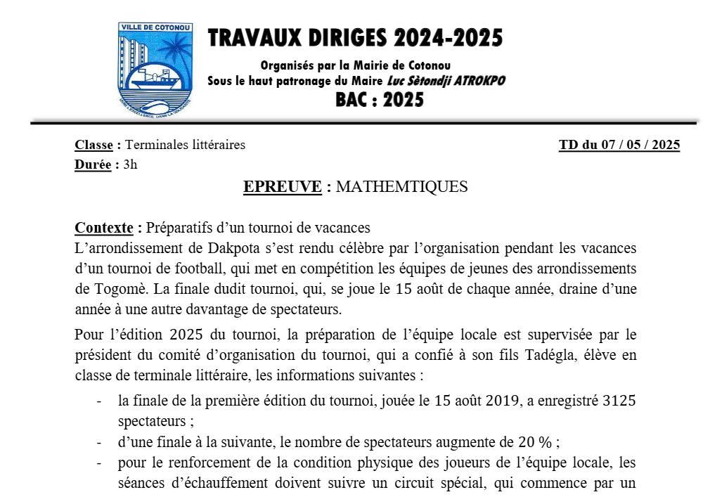 Aperçu de la première page — Mathématiques Travaux Dirigés Mairie de Cotonou Mai 2025 (2)