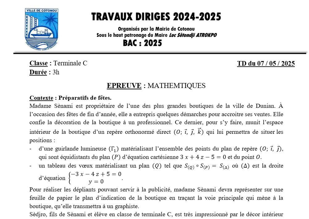 Aperçu de la première page — Mathématiques Travaux Dirigés Mairie de Cotonou Mai 2025