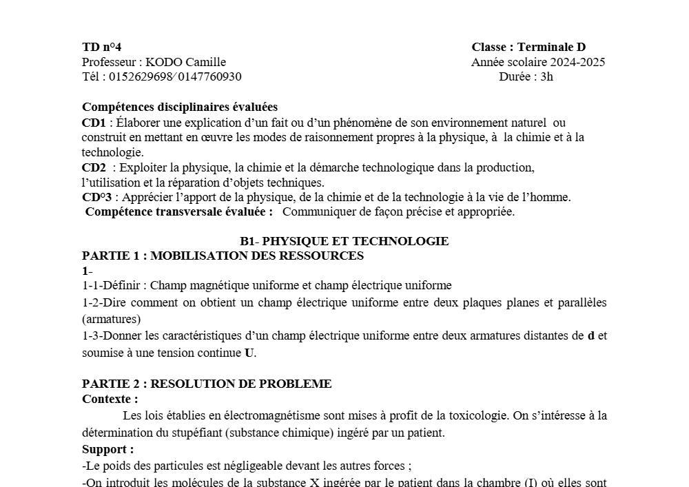Aperçu de la première page — Physique Chimie Technologie Série D Travaux Dirigés N°4 2025
