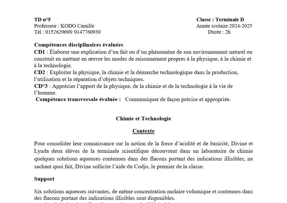 Aperçu de la première page — Physique Chimie Technologie Série D Travaux Dirigés N°5 2025