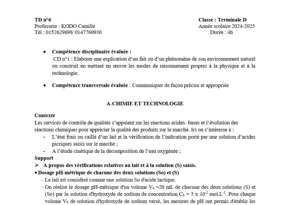 Aperçu de la première page — Physique Chimie Technologie Série D Travaux Dirigés N°6 2025