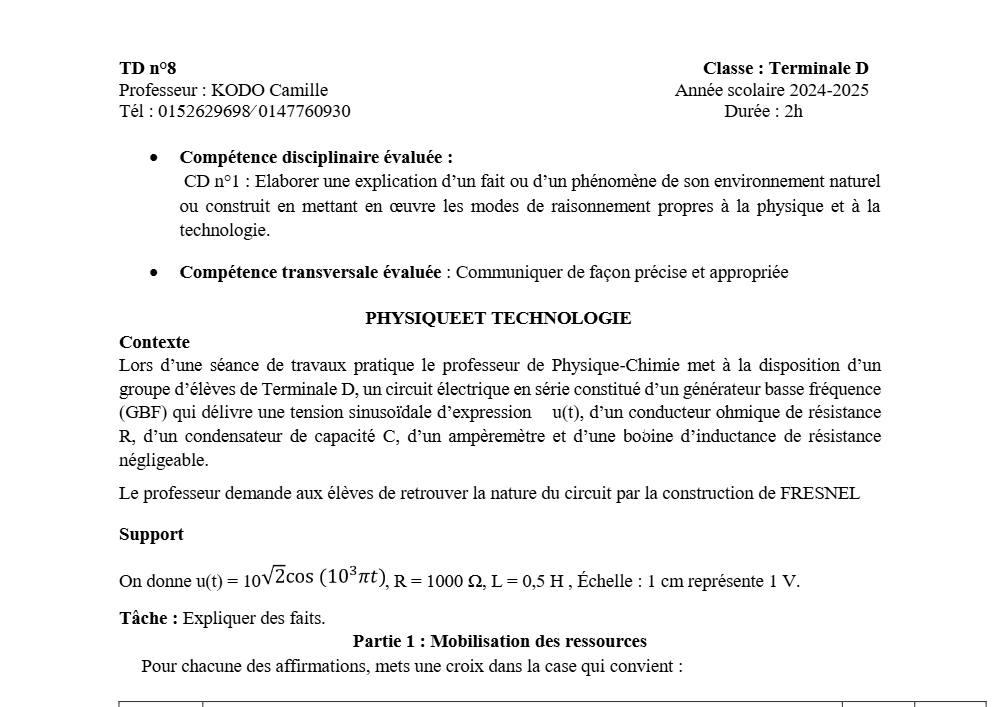 Aperçu de la première page — Physique Chimie Technologie Série D Travaux Dirigés N°8 2025