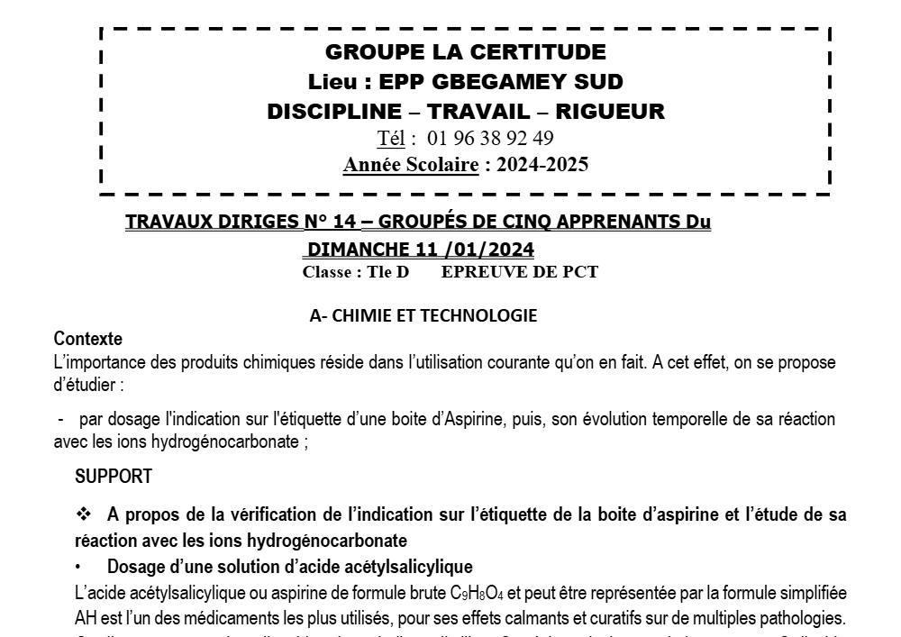 Aperçu de la première page — Physique Chimie Technologie Série D Travaux Dirigés N°14 2025