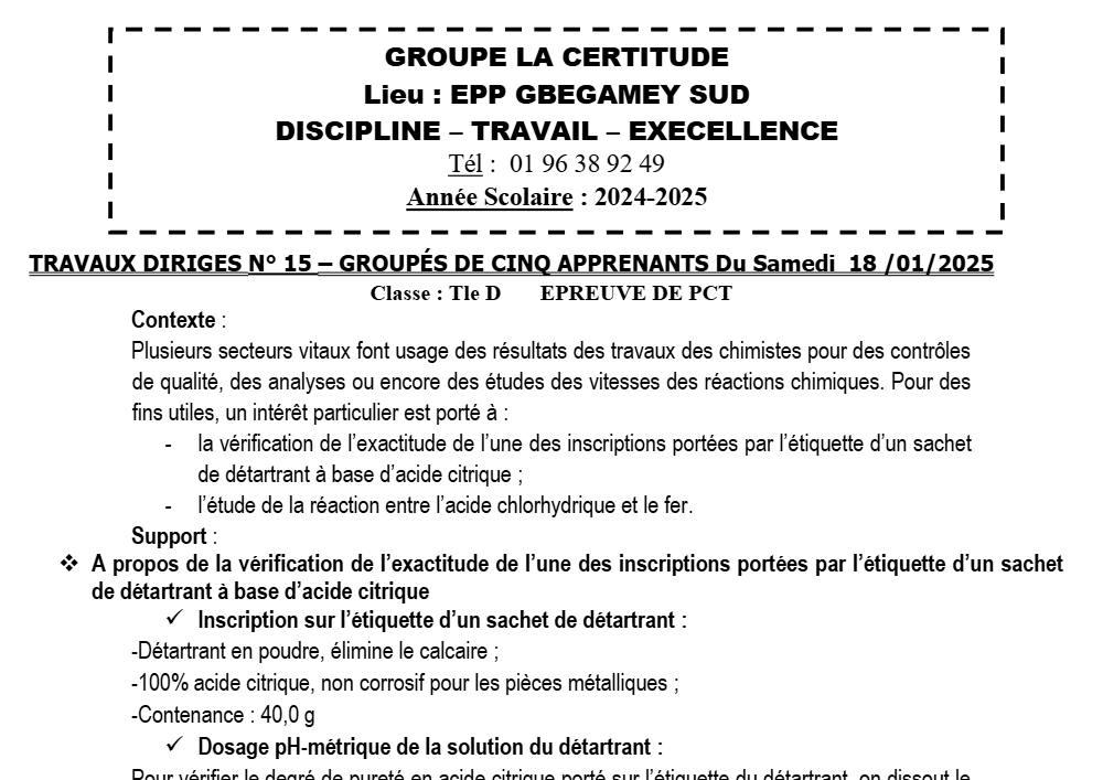 Aperçu de la première page — Physique Chimie Technologie Série D Travaux Dirigés N°16 Groupe La Certitude Janvier 2025