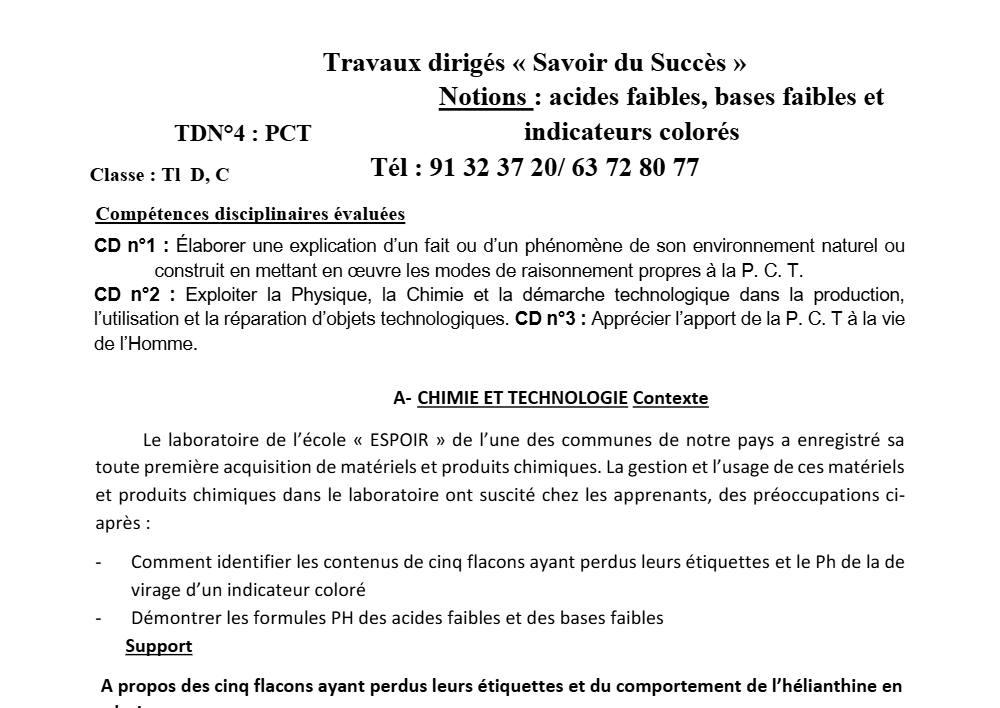 Aperçu de la première page — Physique Chimie Technologie Travaux Dirigés N°4 2025