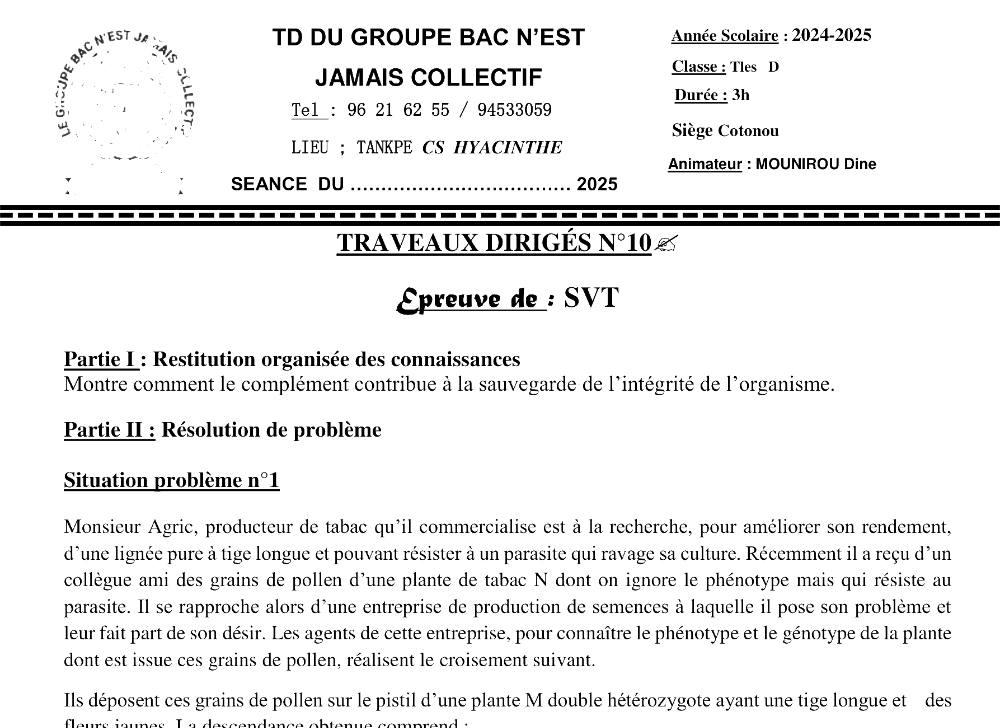 Aperçu de la première page — SVT Série D Travaux Dirigés N°10 2025