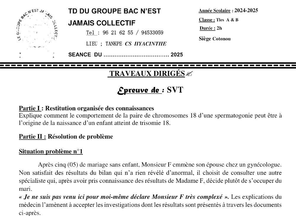 Aperçu de la première page — SVT Séries A B Travaux Dirigés N°10 2025
