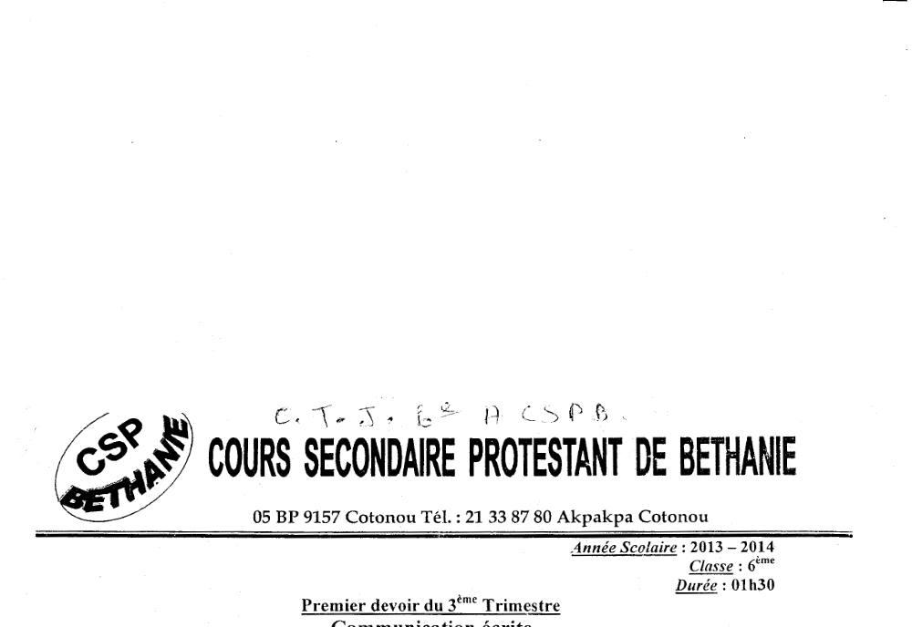 Aperçu de la première page — Français 6e Devoir 1 Trimestre 3 CSP Béthanie 2014