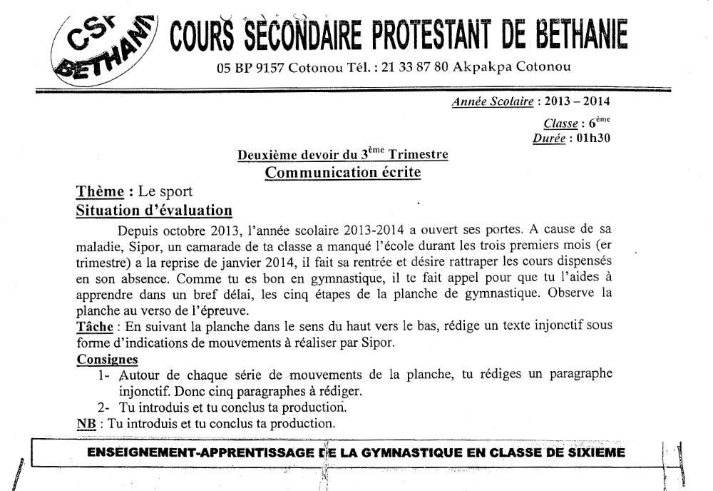 Aperçu de la première page — Français 6e Devoir 2 CSP Béthanie 3èmetrimestre 2014