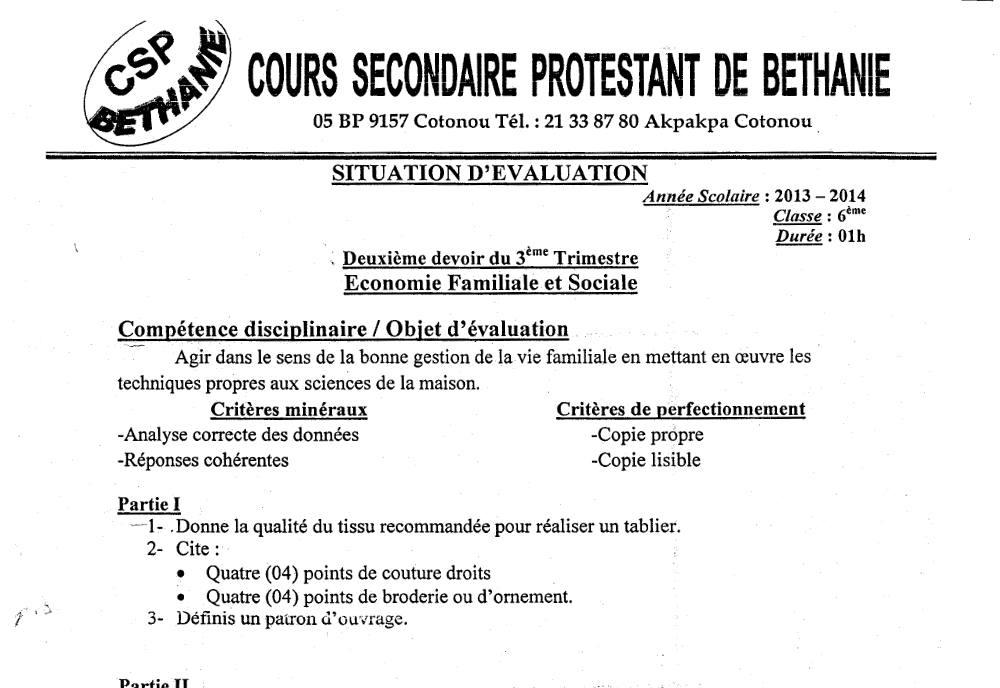 Aperçu de la première page — Économie Familiale 6e Devoir 2 Trimestre 3 CSP Béthanie 2014