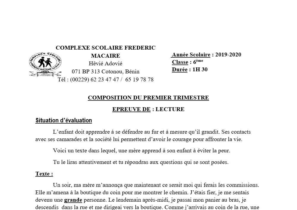 Aperçu de la première page — Lecture 6e Composition Trimestre 1 CS Frederic Macaire 2019 2020