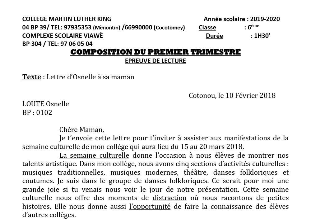 Aperçu de la première page — Lecture 6e Composition Trimestre 1 CS Martin Luther King 2019 2020
