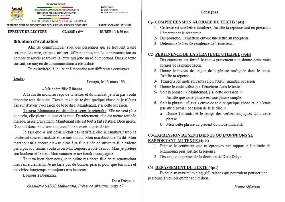 Aperçu de la première page — Lecture 6e Devoir 1 Semestre 1 CEG1 Adjarra 2019 2020