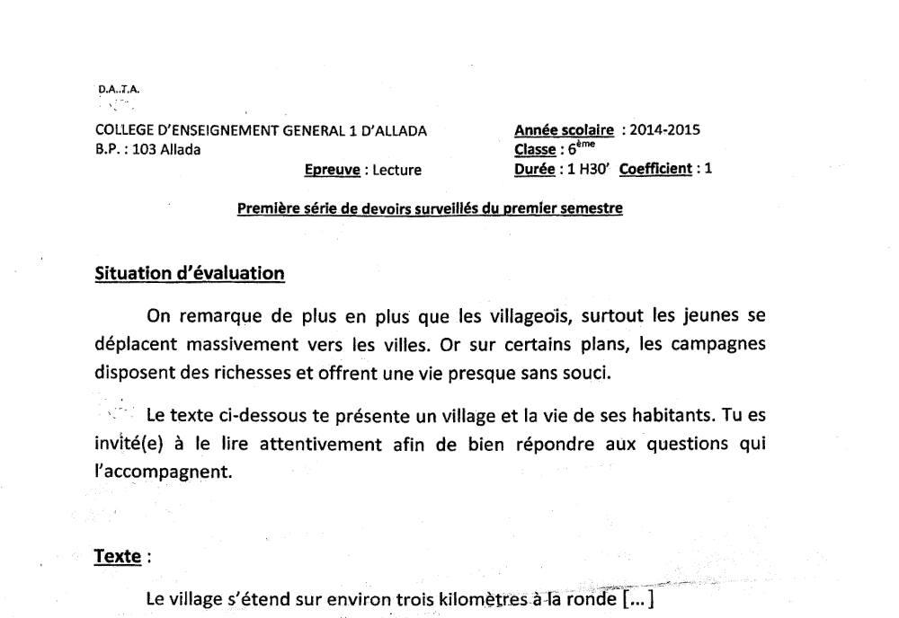 Aperçu de la première page — Lecture 6e Devoir 1 Semestre 1 CEG1 Allada 2014 2015