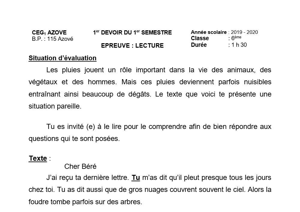 Aperçu de la première page — Lecture 6e Devoir 1 Semestre 1 CEG1 Azové 2019 2020