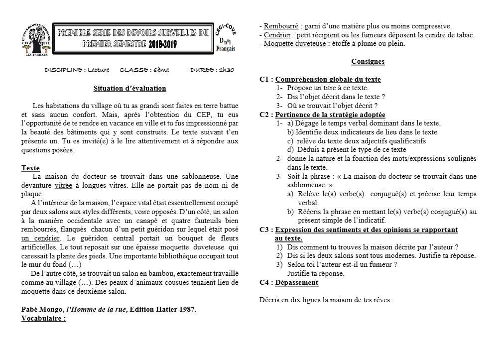 Aperçu de la première page — Lecture 6e Devoir 1 Semestre 1 CEG1 Cove 2018 2019