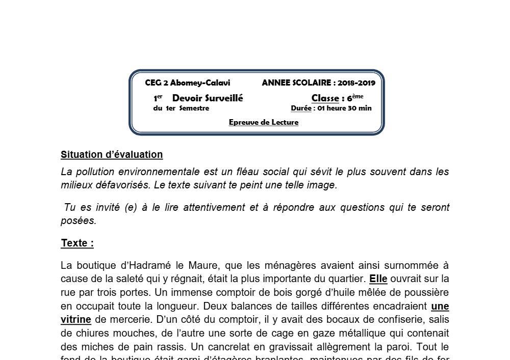Aperçu de la première page — Lecture 6e Devoir 1 Semestre 1 CEG2 Abomey Calavi 2018 2019 (2)