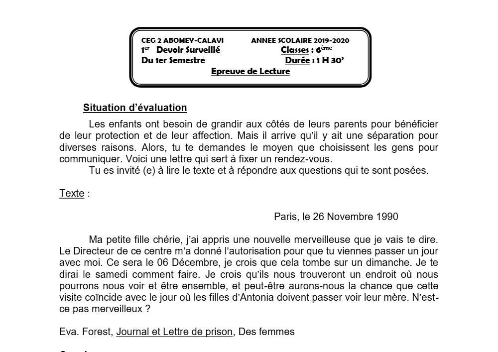 Aperçu de la première page — Lecture 6e Devoir 1 Semestre 1 CEG2 Abomey Calavi 2019 2020