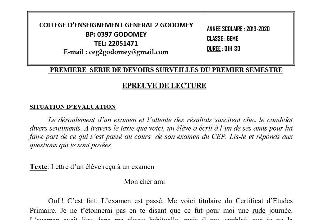 Aperçu de la première page — Lecture 6e Devoir 1 Semestre 1 CEG2 Godomey 2019 2020