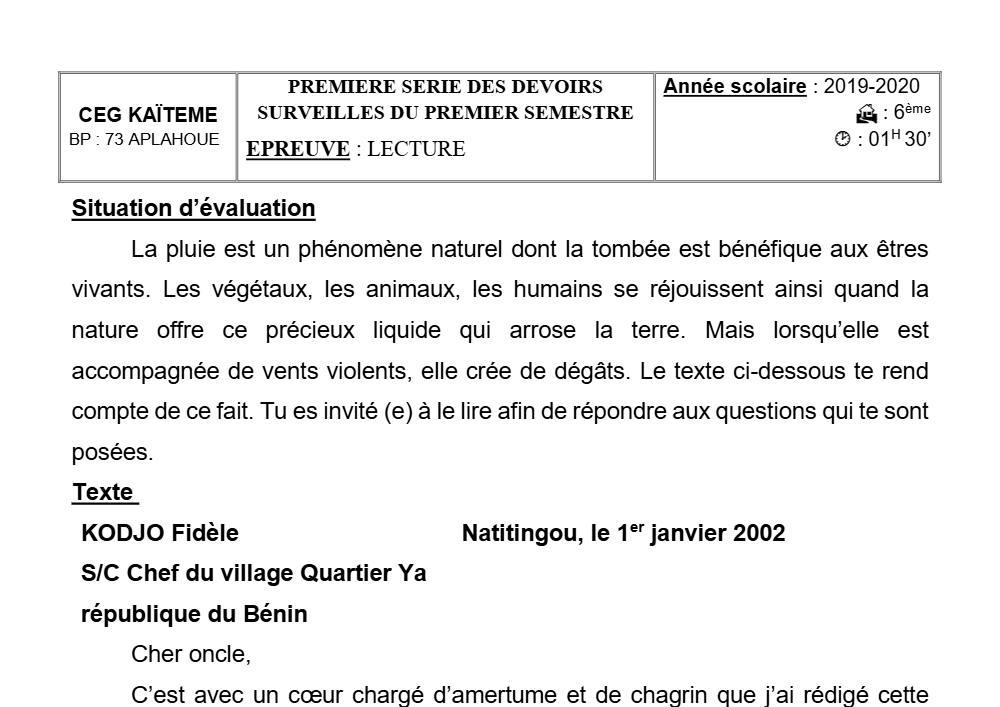 Aperçu de la première page — Lecture 6e Devoir 1 Semestre 1 CEG2 Kaïteme 2019 2020