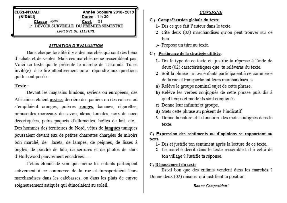 Aperçu de la première page — Lecture 6e Devoir 1 Semestre 1 CEG2 N'Dali 2018 2019