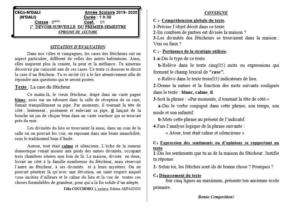 Aperçu de la première page — Lecture 6e Devoir 1 Semestre 1 CEG2 N'Dali 2019 2020