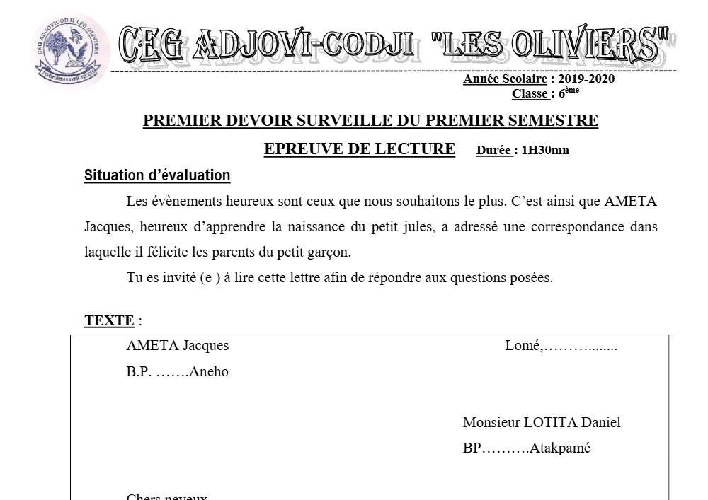 Aperçu de la première page — Lecture 6e Devoir 1 Semestre 1 CEG Adjovi Codji 2019 2020