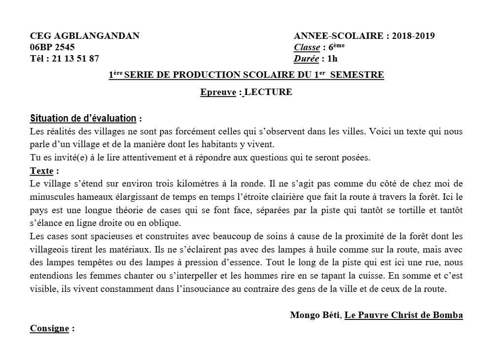 Aperçu de la première page — Lecture 6e Devoir 1 Semestre 1 CEG Agblangandan 2018 2019