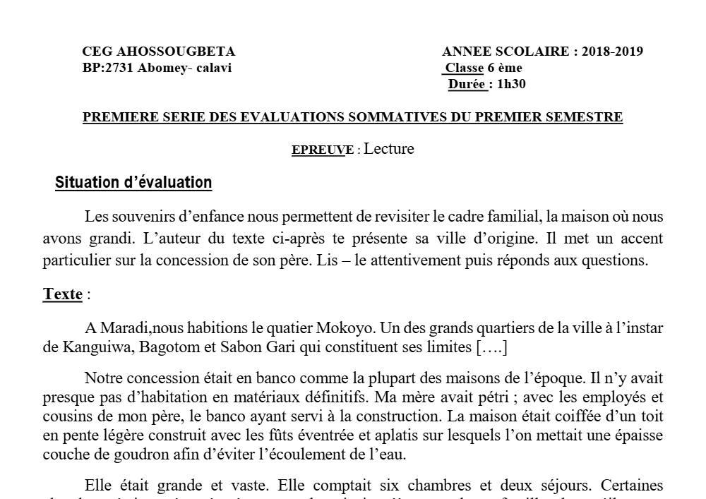 Aperçu de la première page — Lecture 6e Devoir 1 Semestre 1 CEG Ahossougbéta 2018 2019