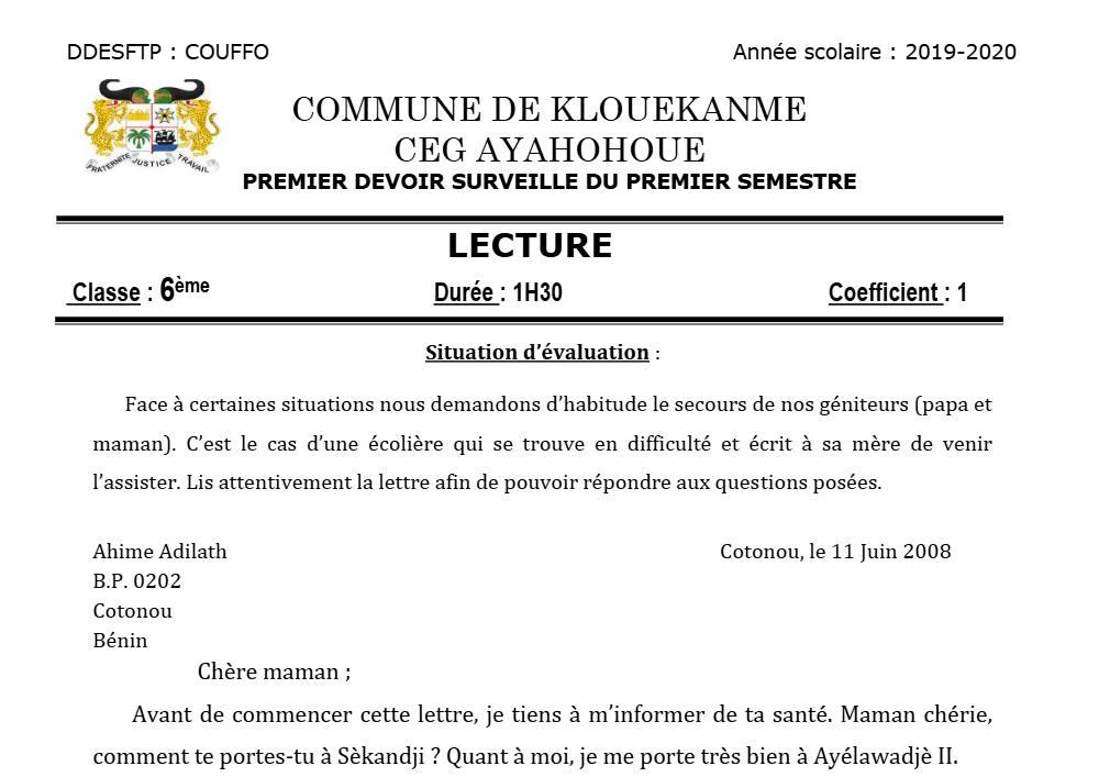 Aperçu de la première page — Lecture 6e Devoir 1 Semestre 1 CEG Ayahohoue 2019 2020