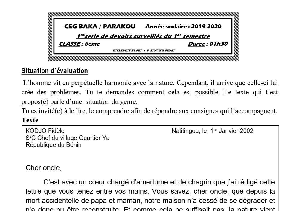 Aperçu de la première page — Lecture 6e Devoir 1 Semestre 1 CEG Baka 2019 2020